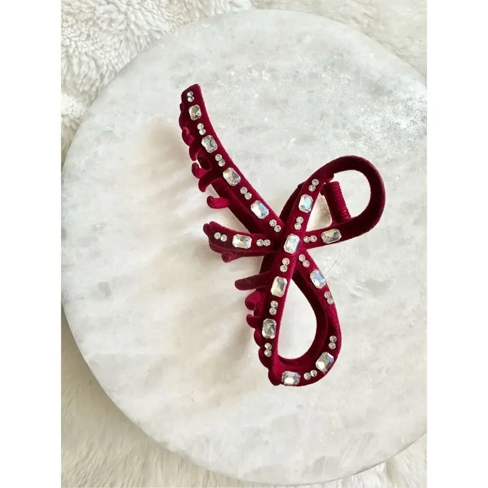 Velvet burgundy red rhinestone embellished hair claw